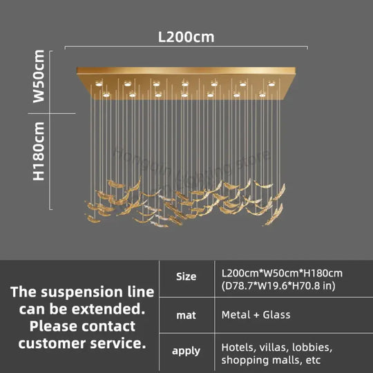 Aurelio Luxury Duplex Hotel Lobby Glass Stone LED Chandelier L200CM / warm light 3000k Chandelier