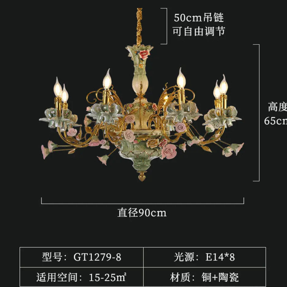 French Pastoral Crystal Ceramic Copper Chandelier 8 heads (diameter 90cm, height 65cm)