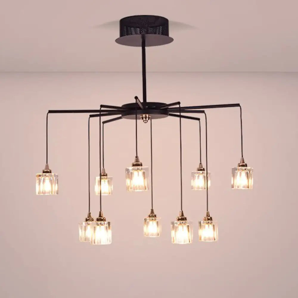 Modernist Radial Ceiling Chandelier - 10 Lights with Black Finish Metal Pendant and Clear Crystal Cube Shade Black