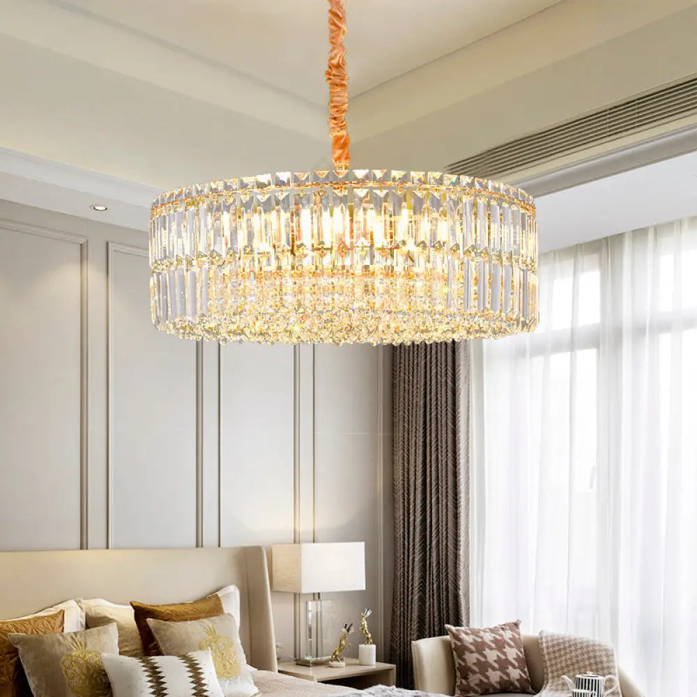 Contemporary Gold Drum Chandelier Light | 6/8 Lights | Rectangular-Cut Crystal | Ceiling Hanging Light 19.5’’/23.5’’