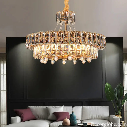 Contemporary LED Crystal Chandelier - Illuminate Your Living Room with Elegant Round and Rectangle Golden Indoor Lighting - DecorGlobe