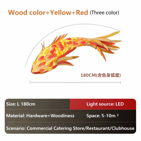 Decorative Fish Shaped Chandelier Pendant Light for Restaurant &amp; Cafe Interiors | 180cm / Red color / white light