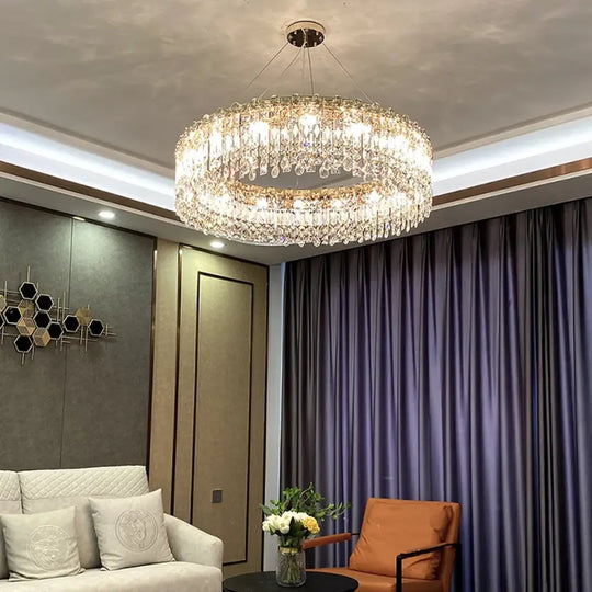 Elegant LED E14 Postmodern Gold Chandelier - A Ring Tassel Crystal Fixture for Dining Rooms, Adding Luminescent Luxury - DecorGlobe