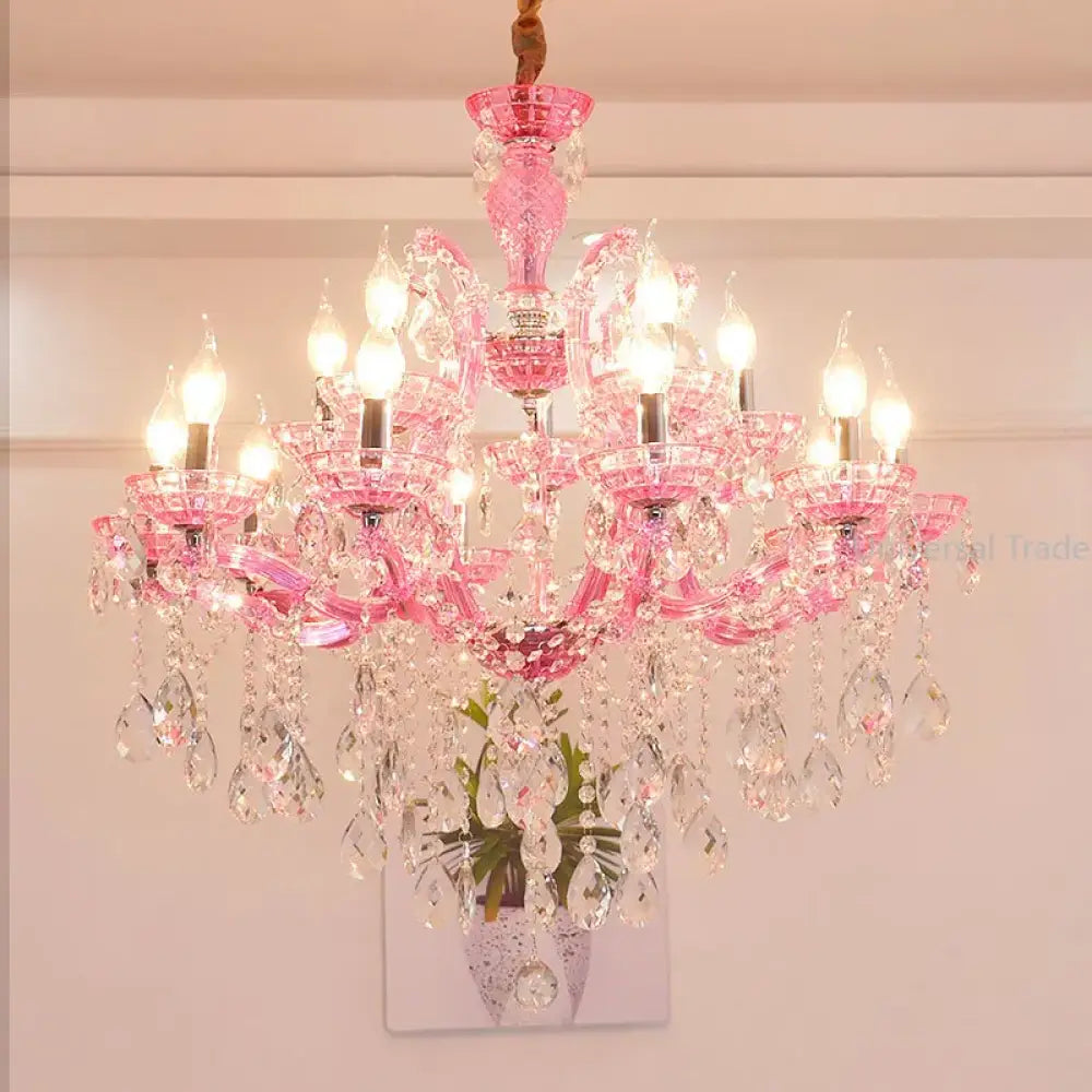 European Princess Crystal Chandelier - Choose from Warm Pink, Blue, Purple, or Red for Creative Room Decor - DecorGlobe