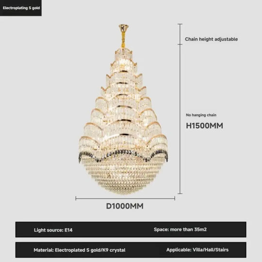 Grand Crystal Mezzanine Pendant Chandelier for High Ceiling Spaces D100CM H150CM / White light Chandelier