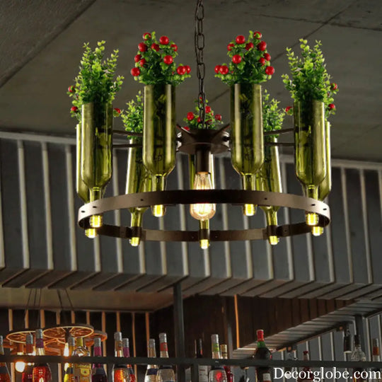 Iron Circular Chandelier Pendant Lamp in Black with Glass Pot and Plant - Restaurant Suspension Lighting Black