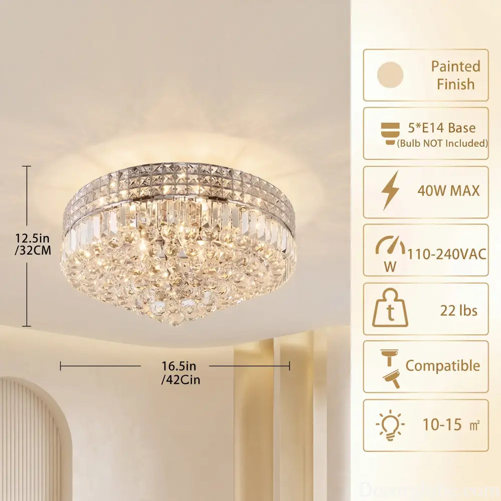 Modern Hallway Crystal Ceiling Light 16.5 Inch Dimmable Flush Mount Round Crystal Ceiling Light for bedroom/hall/living