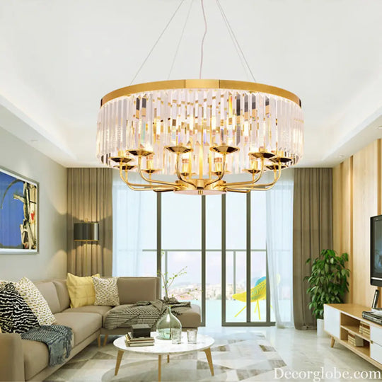 Modern Gold Round Chandelier with Rectangular-Cut Crystal Ceiling Light - 6/8/12 Lights 18’’/31.5’’ Wide