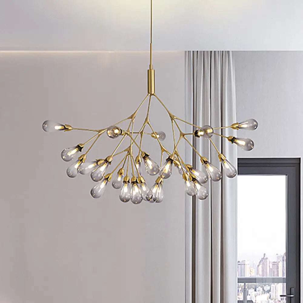 Smoke Gray Glass Teardrop Chandelier - Contemporary 27-Head Pendant Light for Living Room Ceiling Smoke Gray