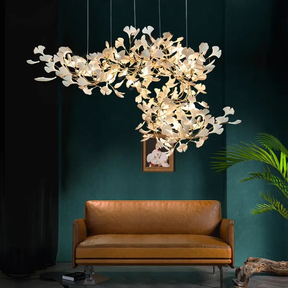 New gold chandelier white ceramic leaf lamp indoor home living room decorative lamp French luxury staircase ceiling lamp - DecorGlobe