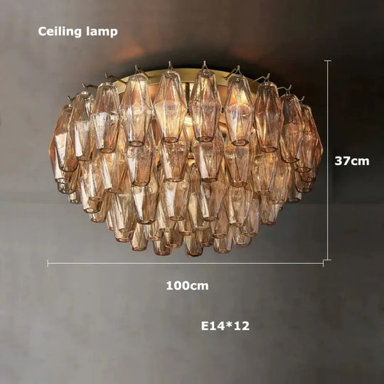 Retro Champagne Pendant Light for Large Living Room Lighting D100cm ceiling lamp / Clear glass / Black hardware|Remote