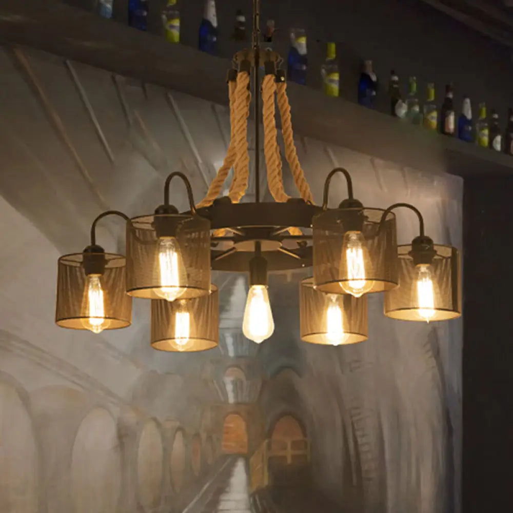 Vintage Style Cylinder Mesh Metal Shade Chandelier: 6-Head Restaurant Hanging Light in Beige Beige