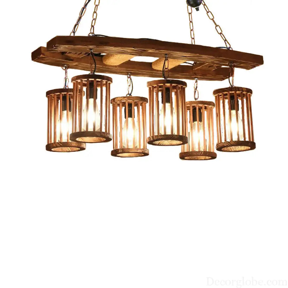 Vintage Wood &amp; Black 6-Light Cylinder Chandelier for Dining Room Pendant Lighting Wood