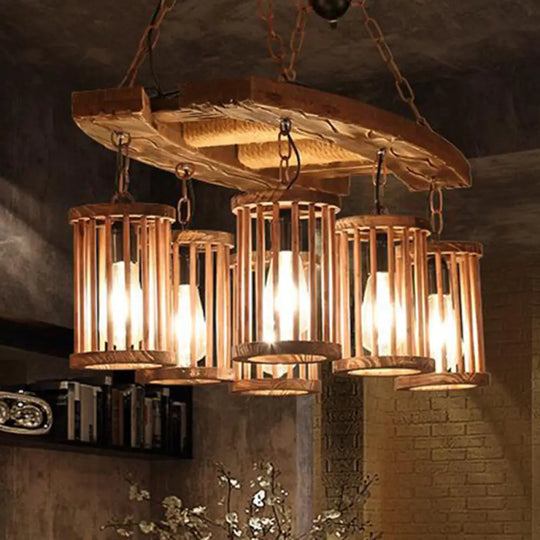 Vintage Wood &amp; Black 6-Light Cylinder Chandelier for Dining Room Pendant Lighting Wood